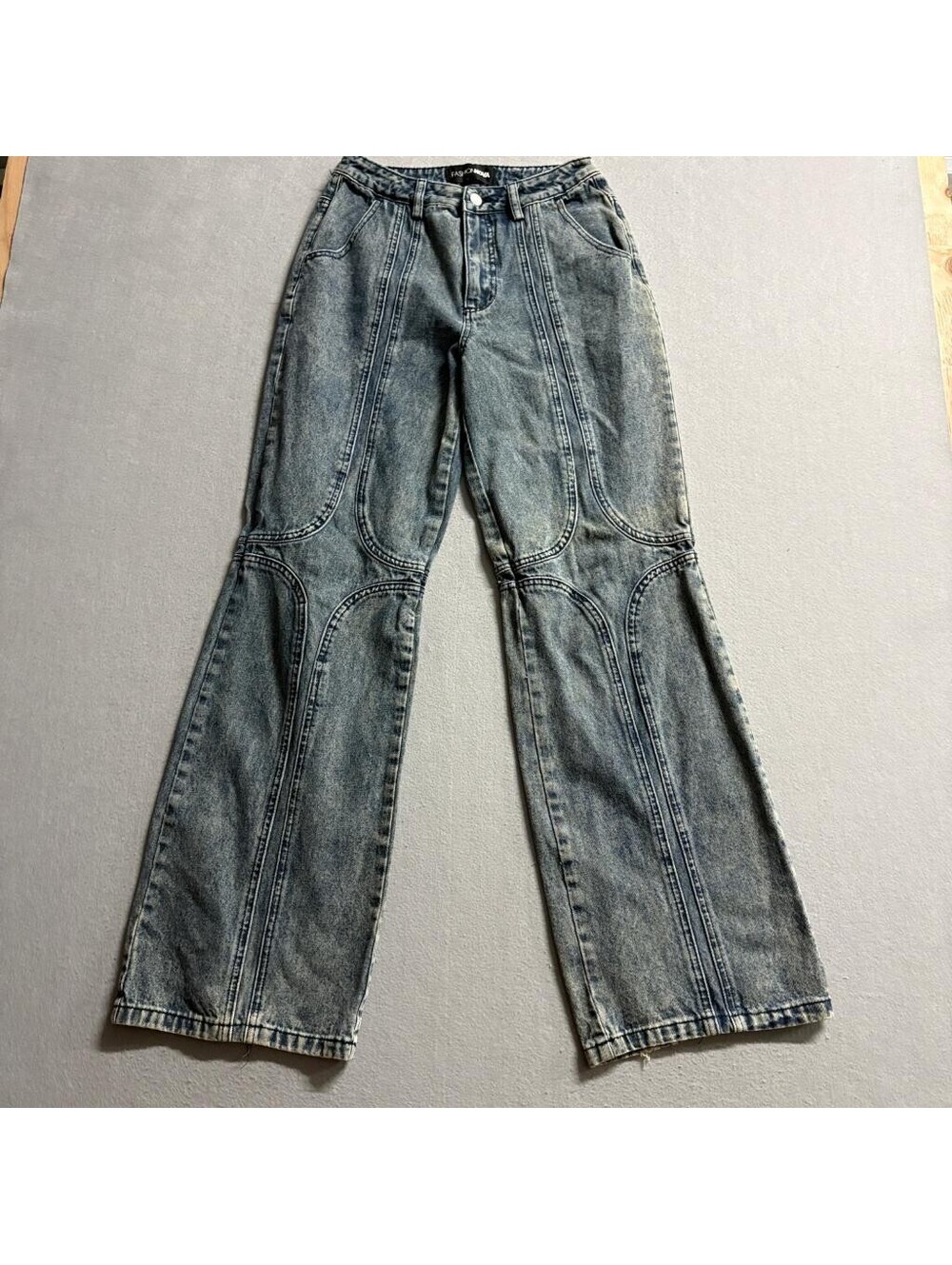 Fashion Nova Womens Wide Leg Jeans Size 3 Blue Acid Wash Seamed Panel Denim